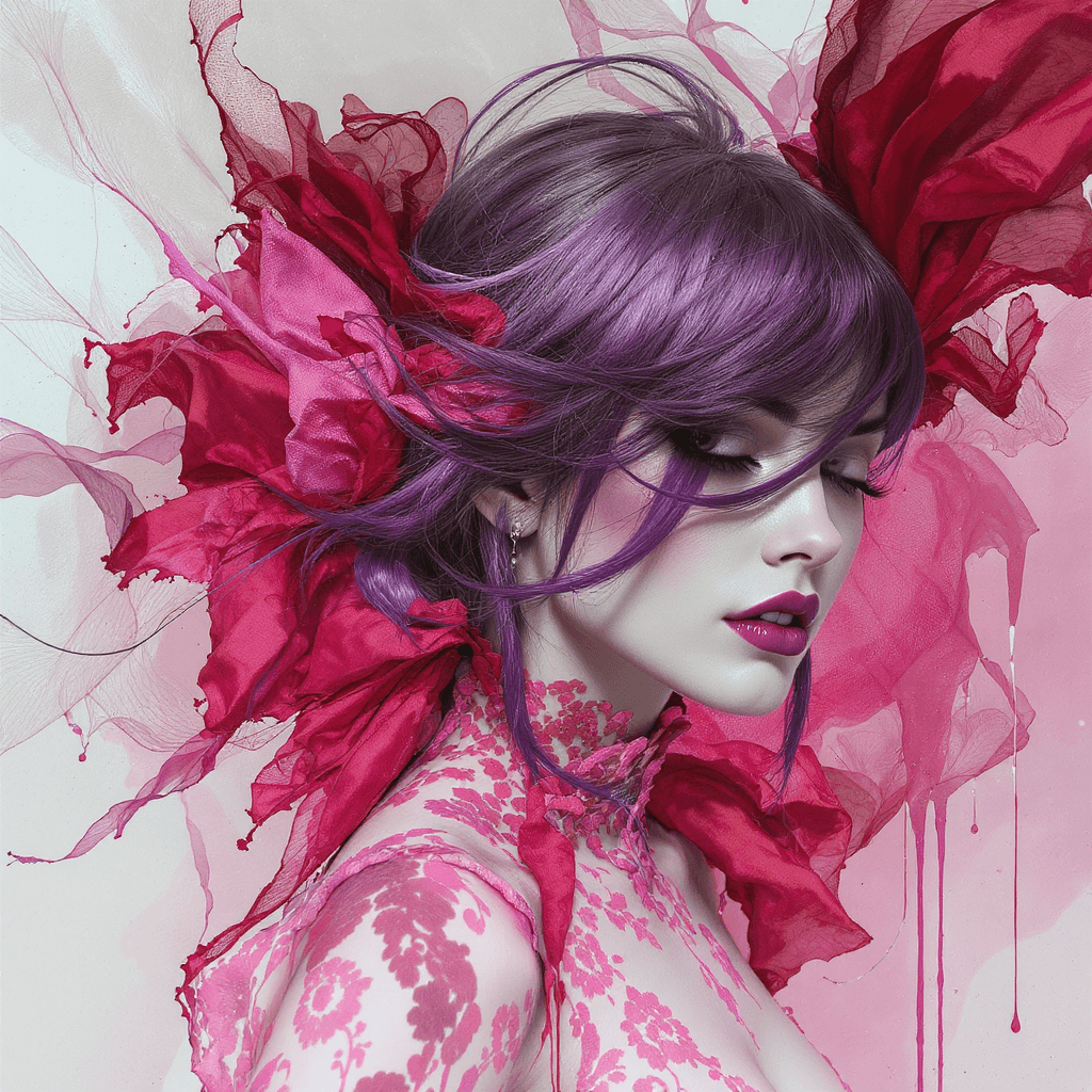 AI generated: a woman wearing pink lace with purple dye on her hair, in the style of dark white and dark red, proc...