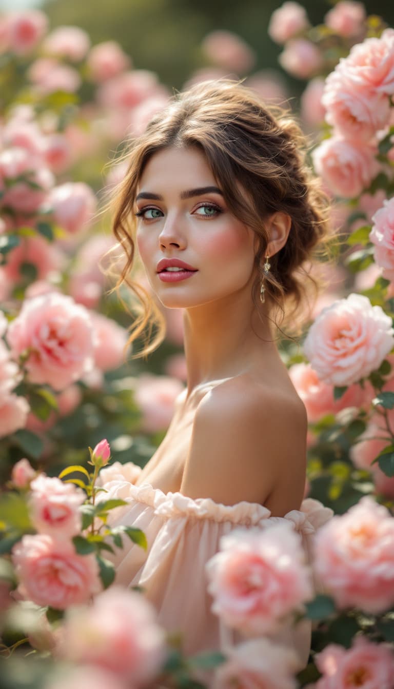 AI generated: An elegant woman European nationality, 30 years old in a garden surrounded by blooming roses, soft l...