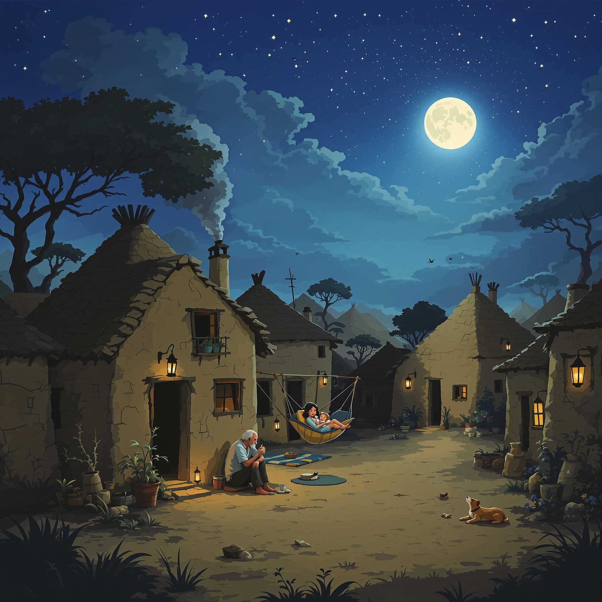 AI generated:  A peaceful village under a moonlit sky, with mud houses glowing from the warm light of lanterns. Sm...