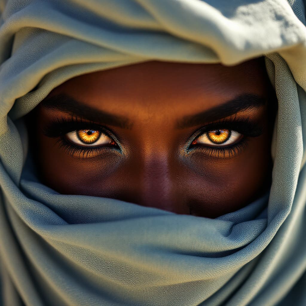 AI generated: A regal Touareg woman's eyes pierce through a soft, flowing indigo blue veil under golden light. Her...
