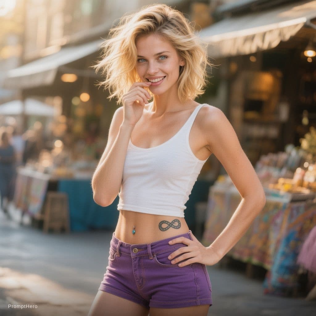 AI generated: Un portrait photoréaliste d'une femme debout, ses cheveux blonds ébouriffés coupé à la garçonne. ell...
