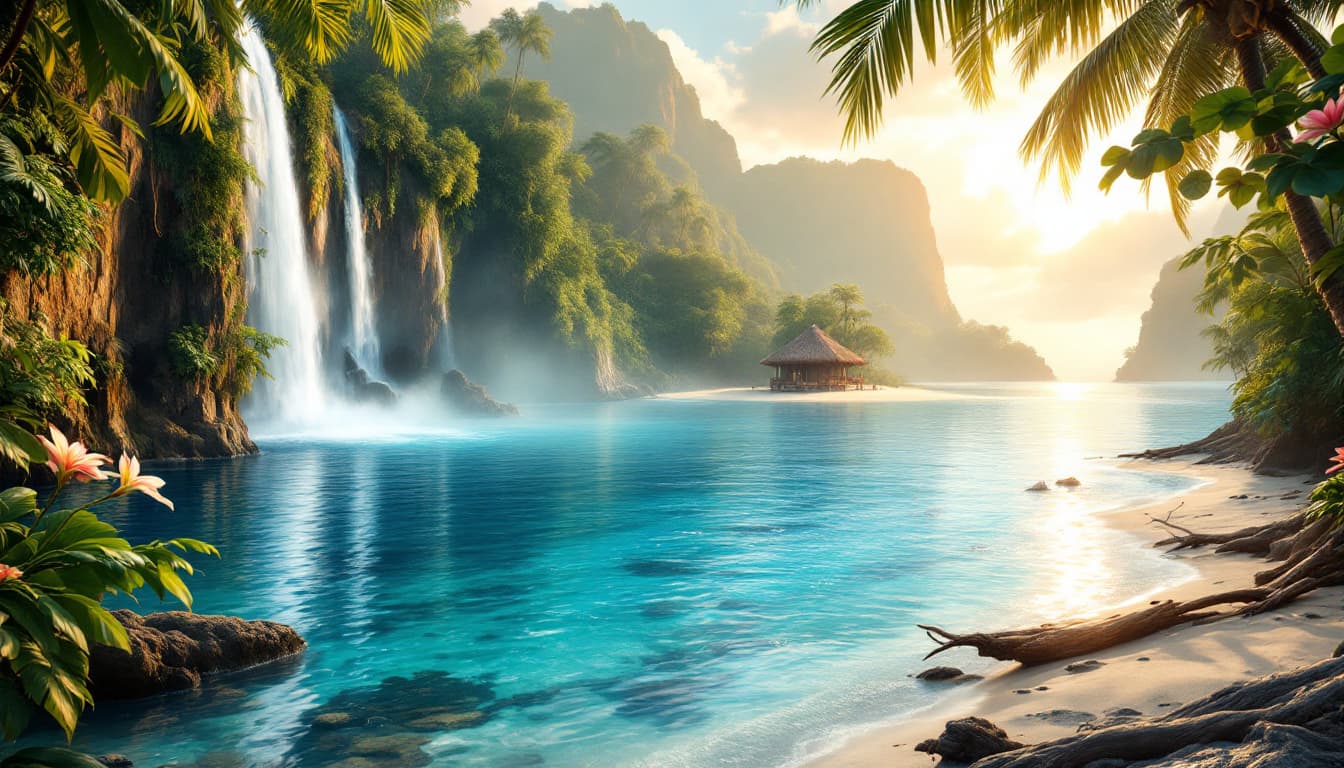 AI generated: depicting a stunning, idyllic paradise lagoon in the Asian South Pacific, reminiscent of the iconic ...