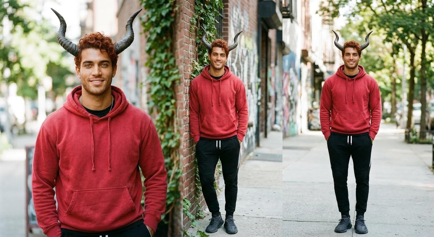 AI generated: A muscular attractive man with dark tan skin and red hair with amber eyes with a red hoodie with bla...