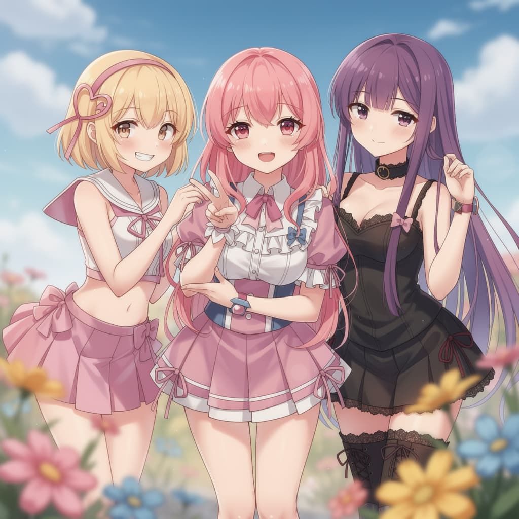 AI generated: A trio of smiling girls with long, colorful hair pose for the camera, each wearing a different cute ...