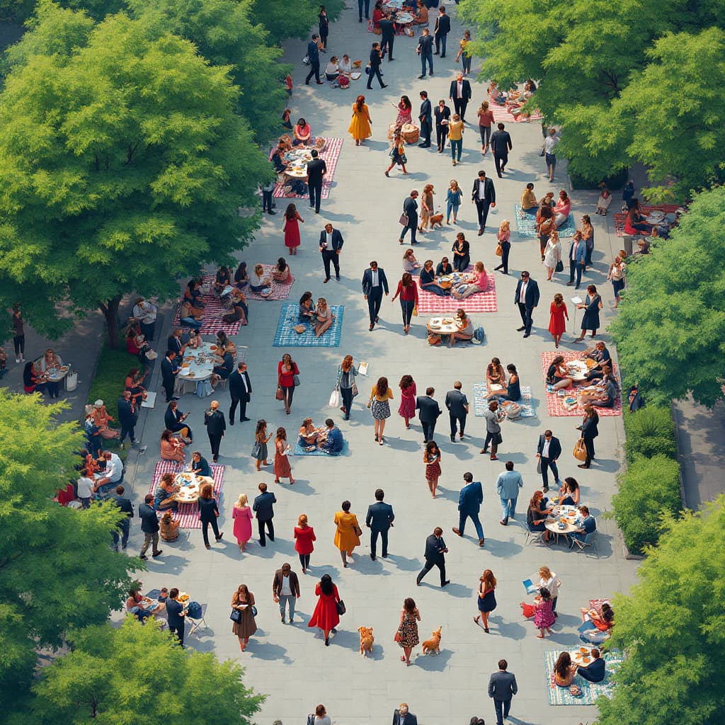 AI generated: image of a bustling urban park scene viewed from above, diverse groups of people engaged in various ...