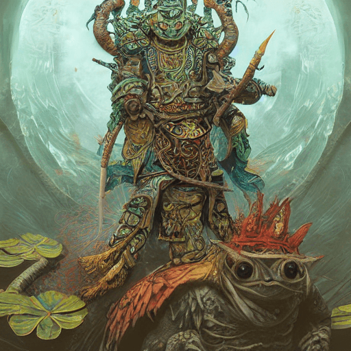 AI generated: a shaman of frogs with an asian armor and with lots of water lilies , there is a stone toad on the V...