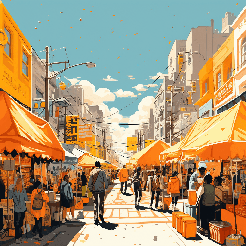 AI generated: A vibrant illustration of a bustling street market, urban aesthetic, in the style of Aaron McGruder,...