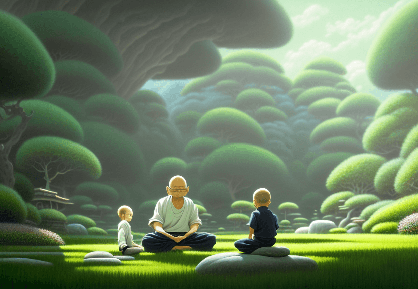 AI generated: create a painting of a zen master sitting in front of a young warrior boy standing and teaching him,...