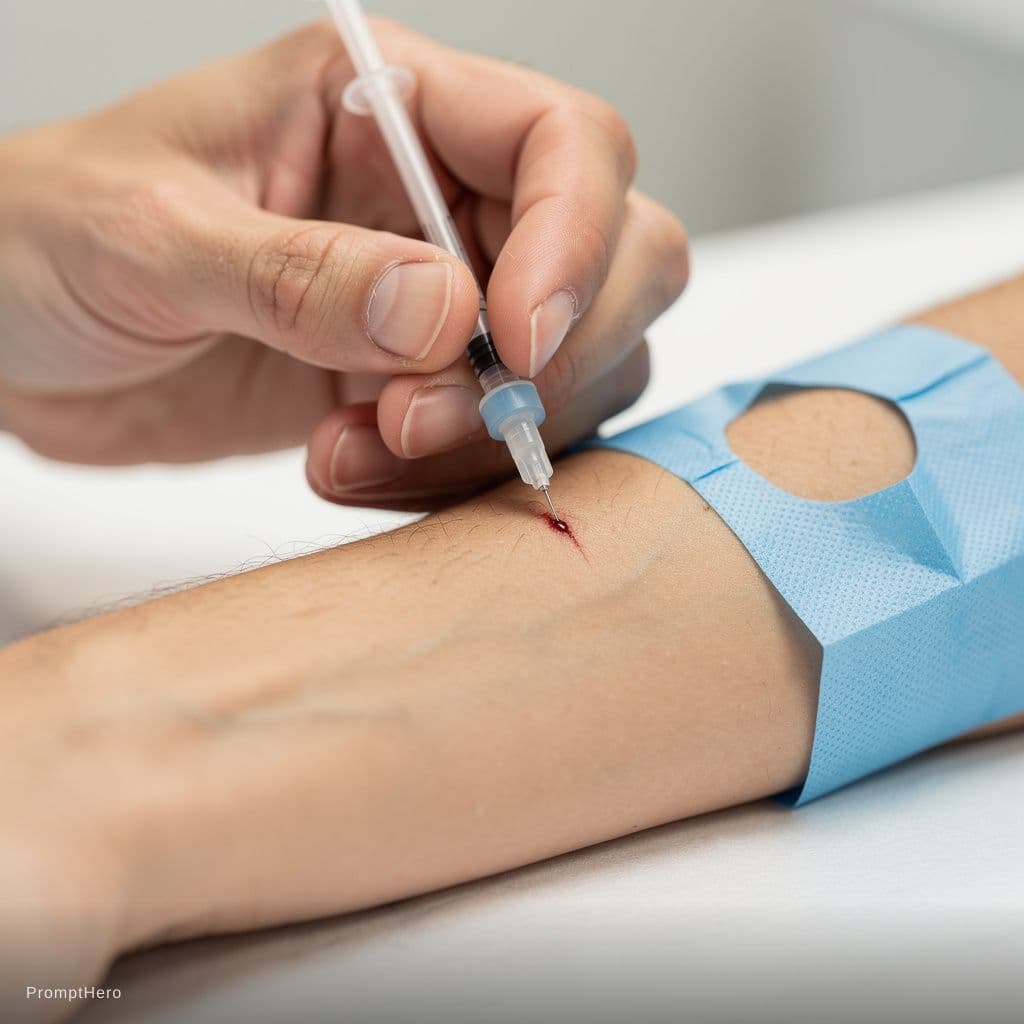 AI generated: Ultra-photorealistic macro medical photograph of a radial artery puncture being performed.

A clinic...