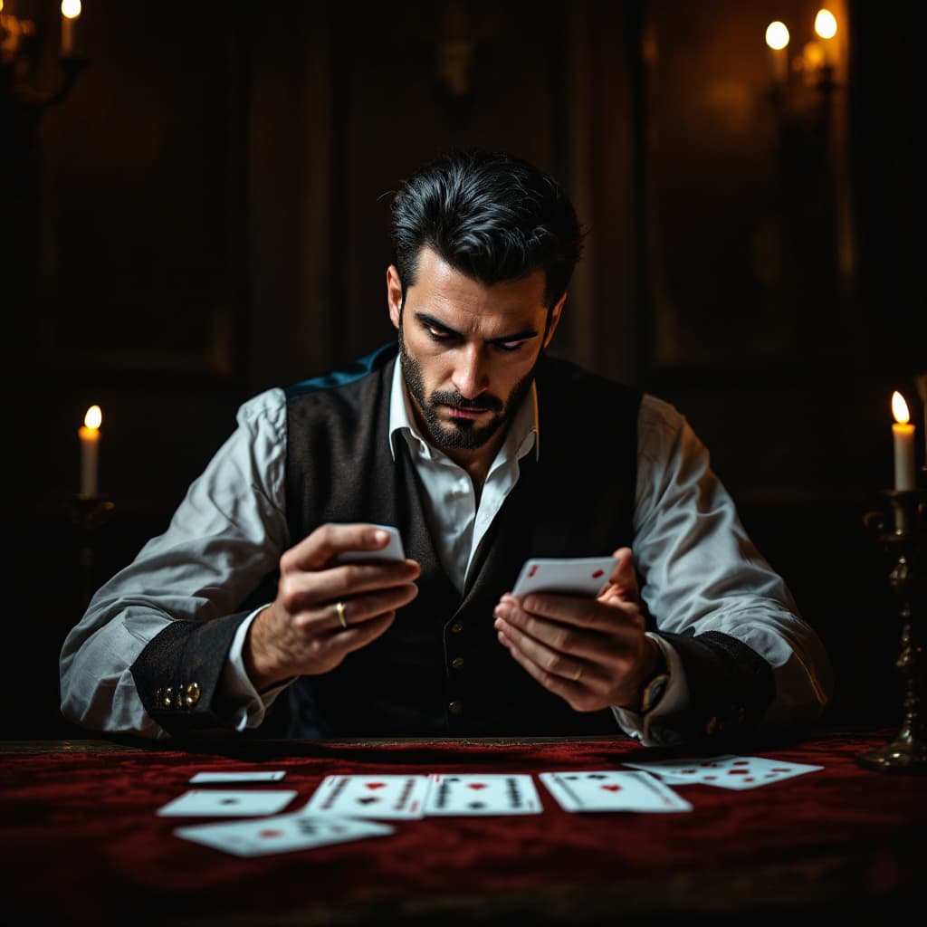 AI generated: a male magician sits in a room at a table and reads cards.