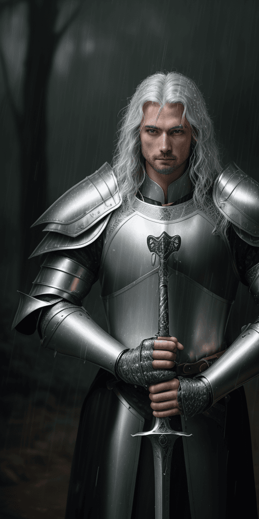 AI generated: real life portrait photo of a man wearing shiny silver armor while holding a long sword, the knight ...
