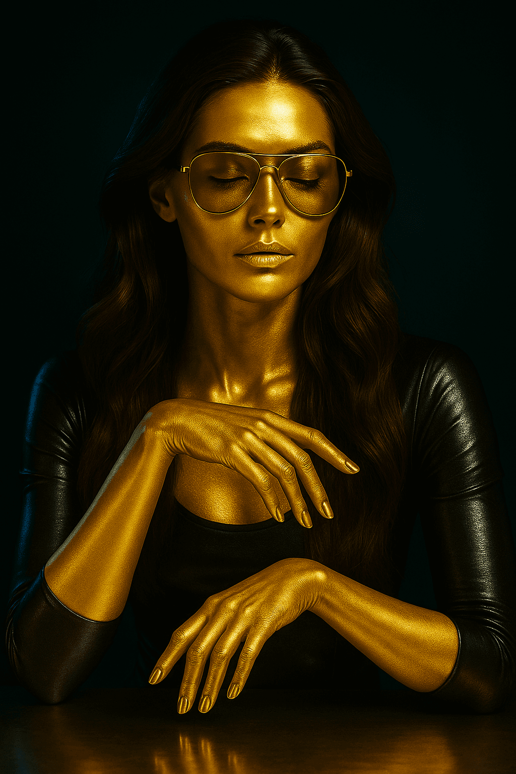 AI generated: A cinematic fashion-art portrait of a futuristic woman sitting at a table. She has long, beautiful d...
