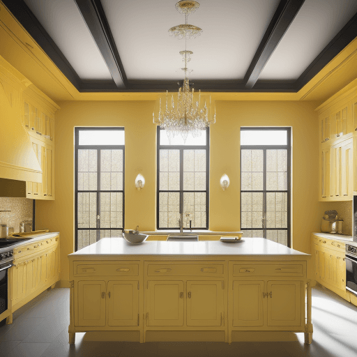 AI generated: interior photography, a spacious yellow kitchen island with a Double Basin/Bowl Sink, with large ope...