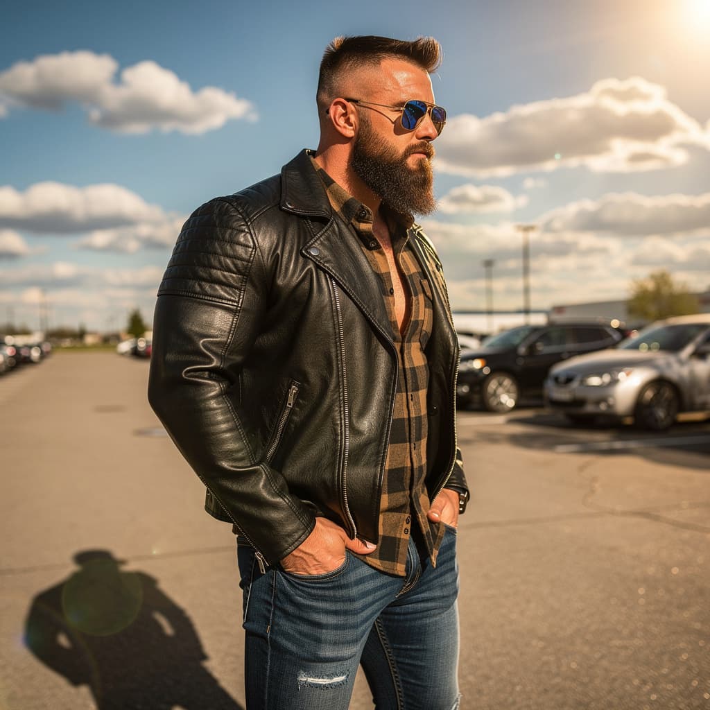 AI generated: Hyper-realistic outdoor photograph of a rugged, muscular Caucasian man in his late 30s to early 40s,...