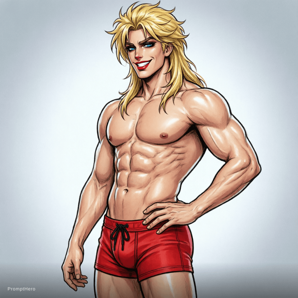 AI generated: light colours, male anthro glamrock Freddy, naked, red boxers with big bulge 