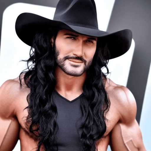 AI generated: hollywood, black wavy hair, muscular, standing, wearing a stetson, perfect eyes, perfect face, color...