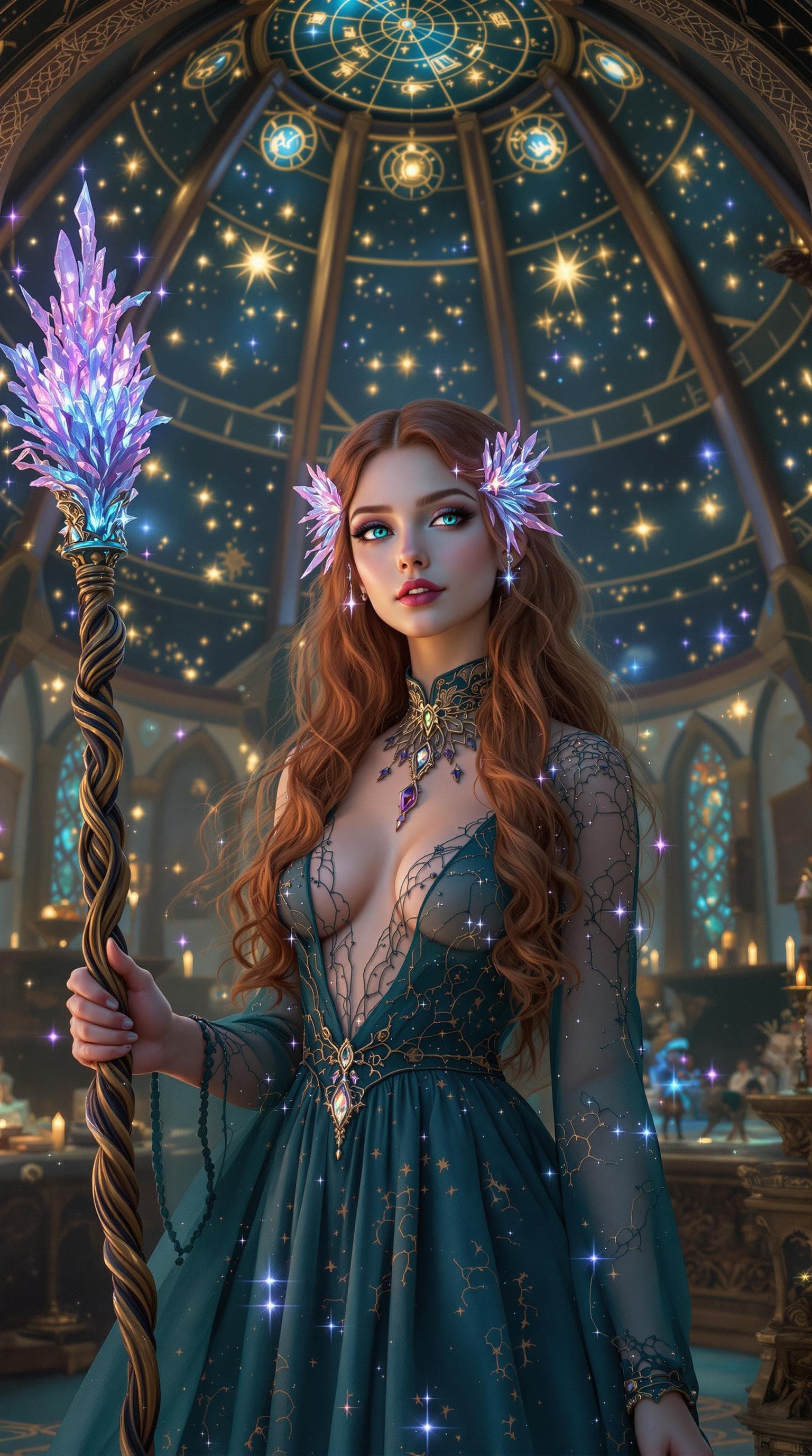 AI generated: A pretty, young sorceress with a slender build, her bright, inquisitive eyes shifting between shades...