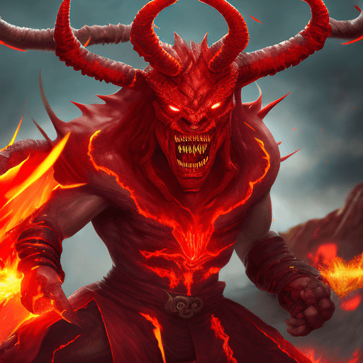 AI generated: fire demon fighting at war, red stone horns, body made of red stones, sharp teeth, tail, fire over t...