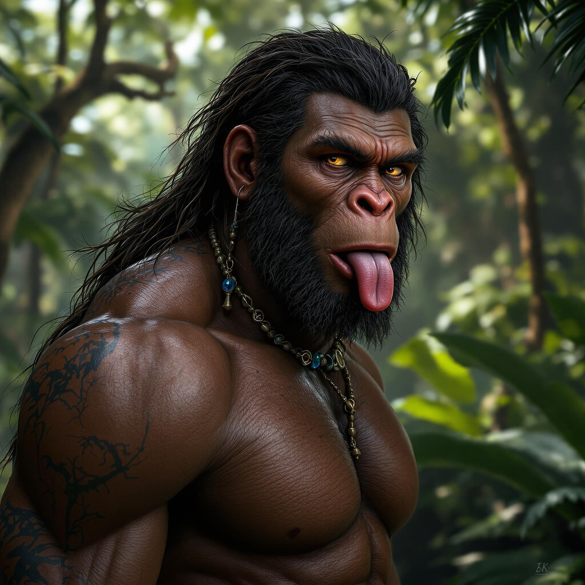 AI generated: High resolution photography, Neanderthal with a jungle background at the mouth of the Amazon, full b...