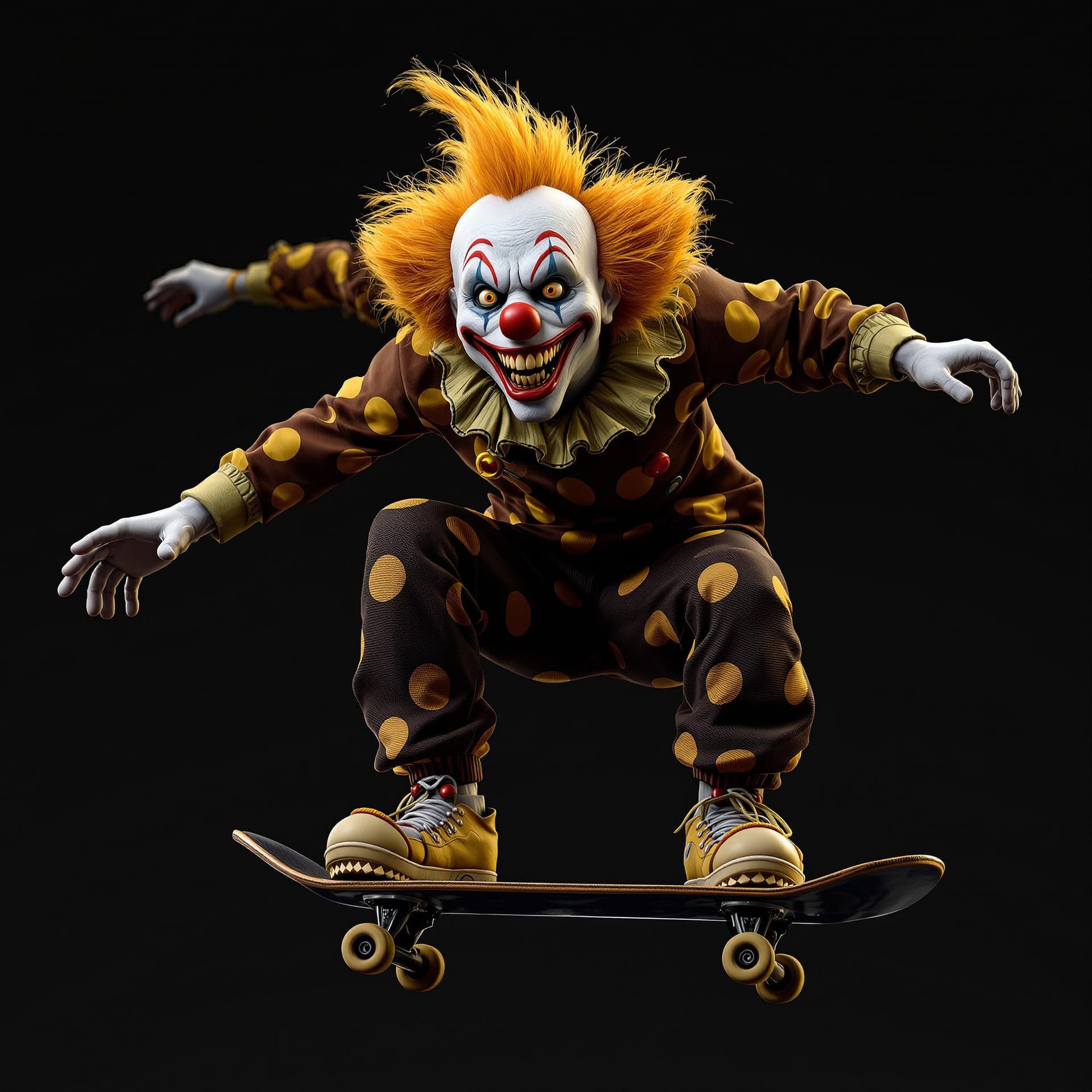 AI generated: Skateboarding clown, Digital rendering, 3D modeling, Contemporary era, High contrast with dark and g...