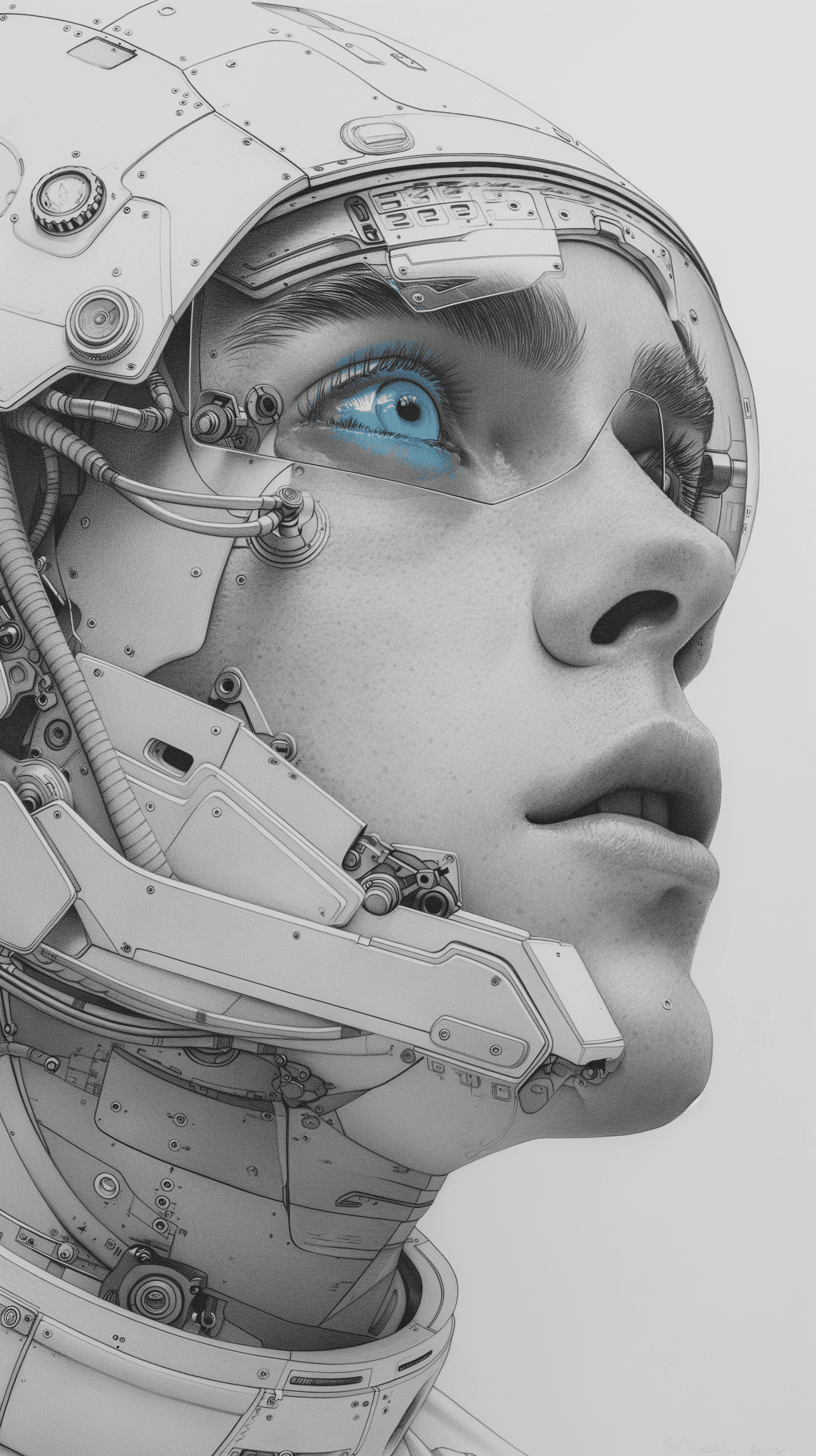 AI generated: artistic, pencil art, portrait, synthetic human with mechanic, complexity with details, blue eye, mi...
