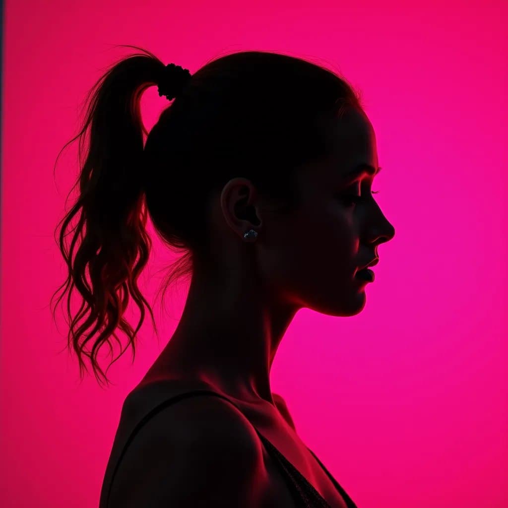AI generated: photography, portrait of contrast, profile silhouette of a woman, vibrant hot pink backdrop, visuali...