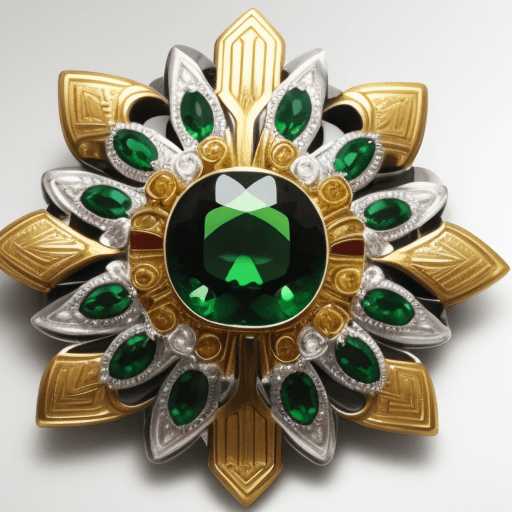 AI generated: big green brooch,jewelery, gold deco, silver details
