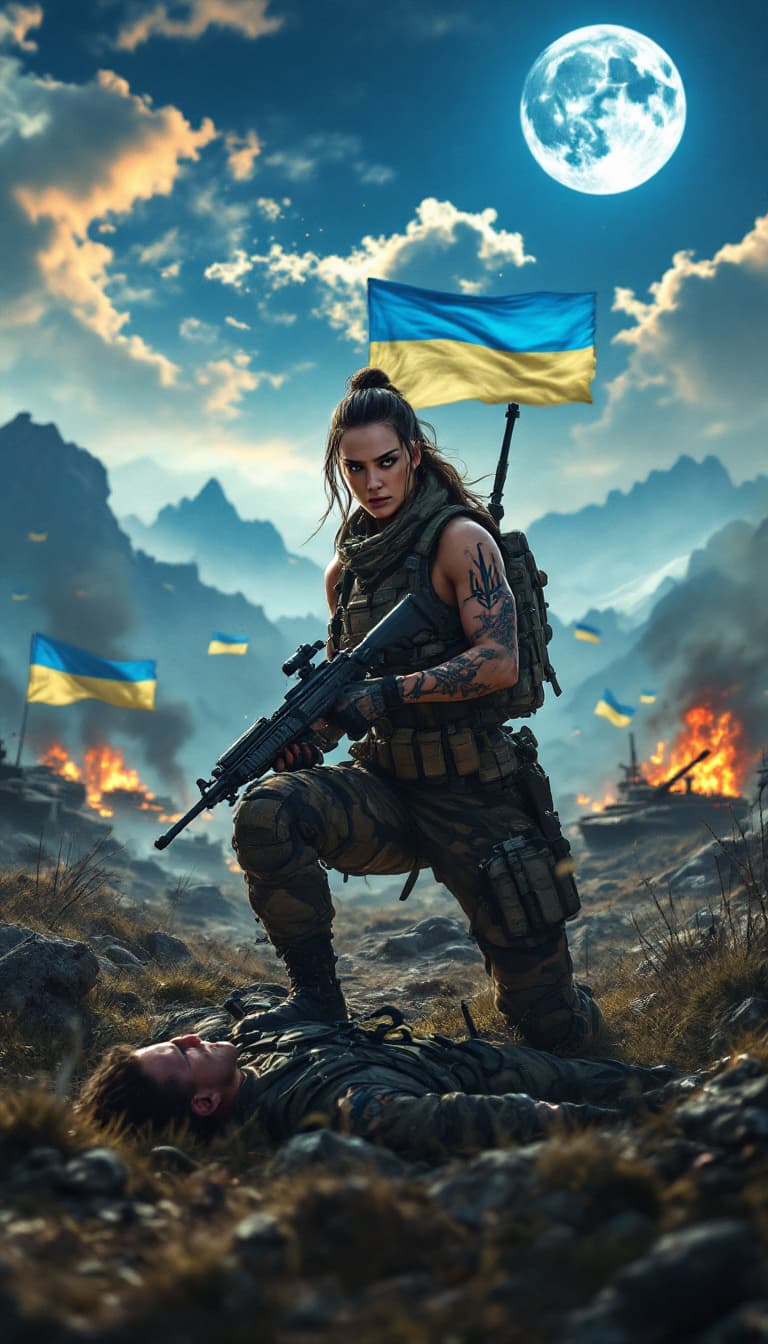AI generated: An all over the body Tatooed with Ukrainian trident motif heavily armed with rifles and a futuristic...