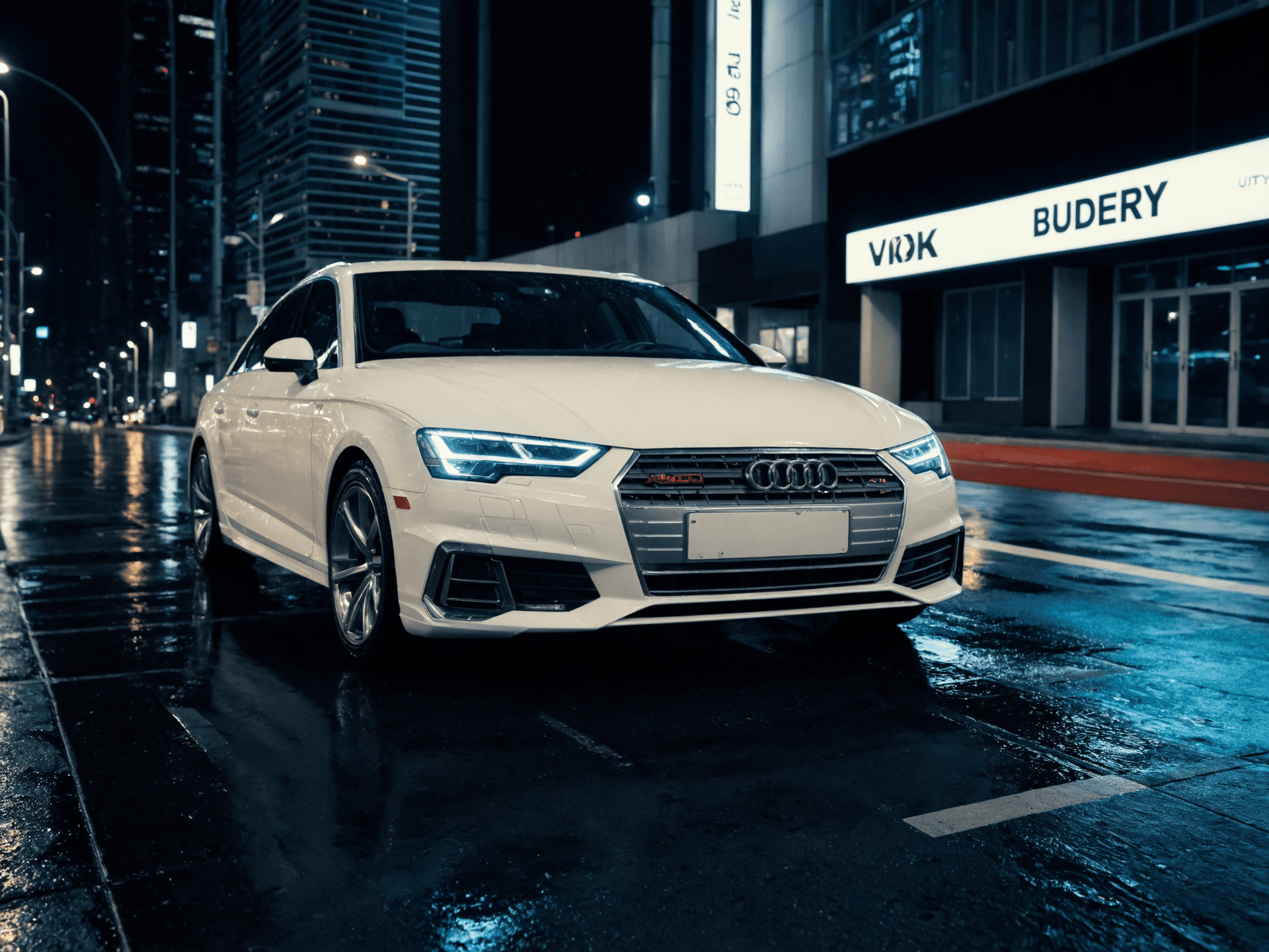 AI generated: A white Audi A4 parked on a city street at night, illuminated by neon lights. The car has a sleek, p...