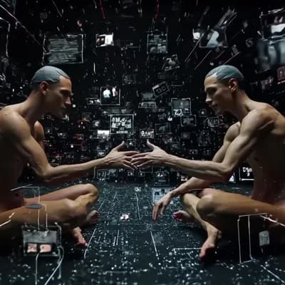 AI generated video: camera shot around two 3D-scanned human figures sitting on the floor and reaching toward each other,...