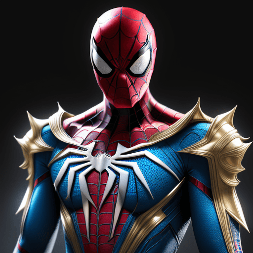 AI generated: High resolution futuristic spiderman, his suit should be white with gold and marquise blue touches, ...