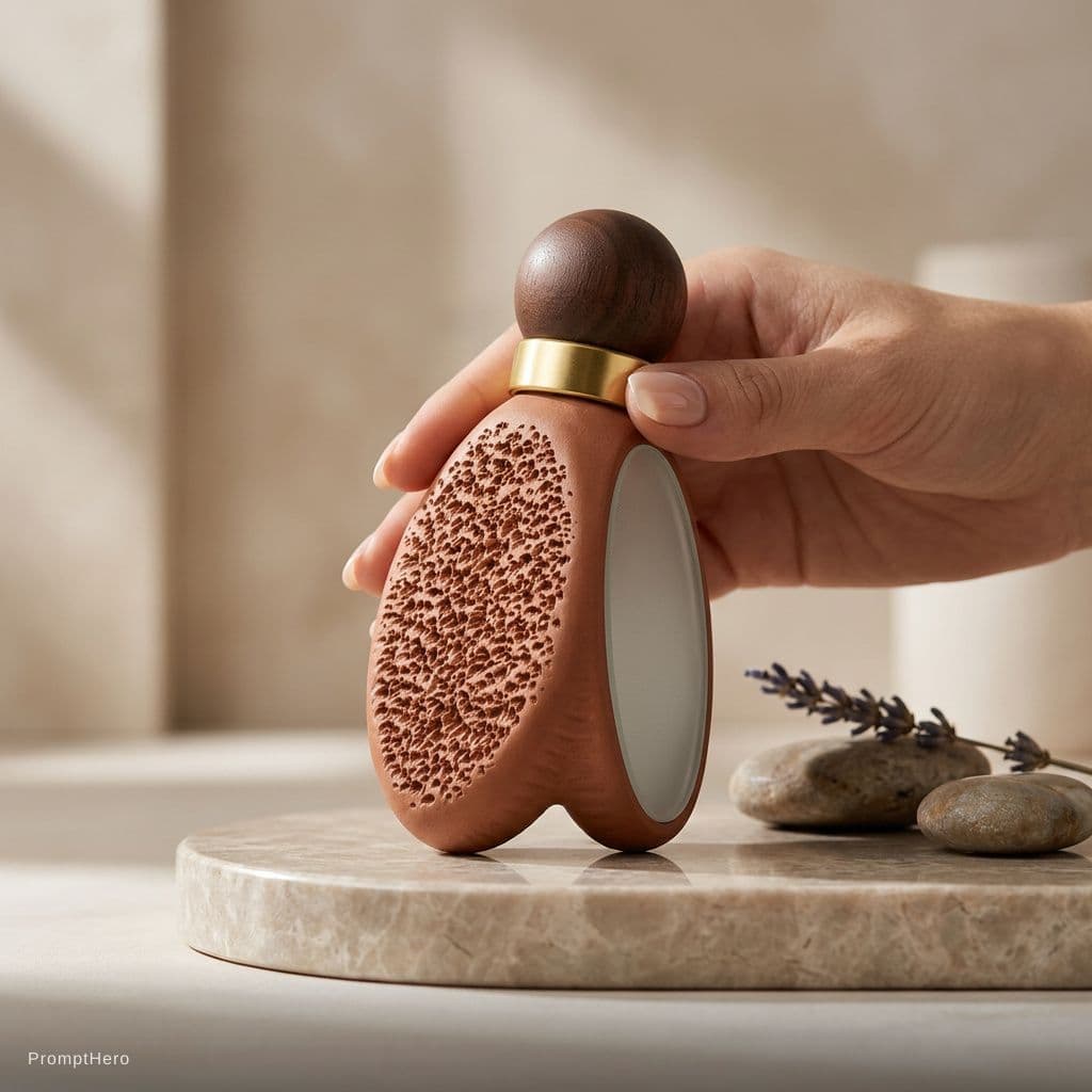 AI generated: A hyper-realistic luxury product photography shot of a handmade dual-sided foot care tool featuring ...