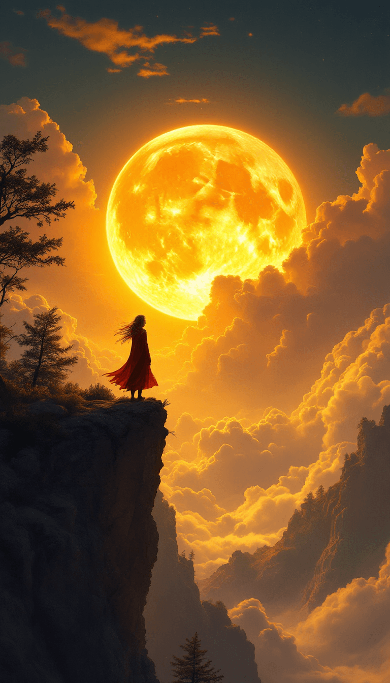 AI generated: Ultra-high resolution, Hyper-detailed landscape fantasy artwork, A lone figure standing on a cliff, ...