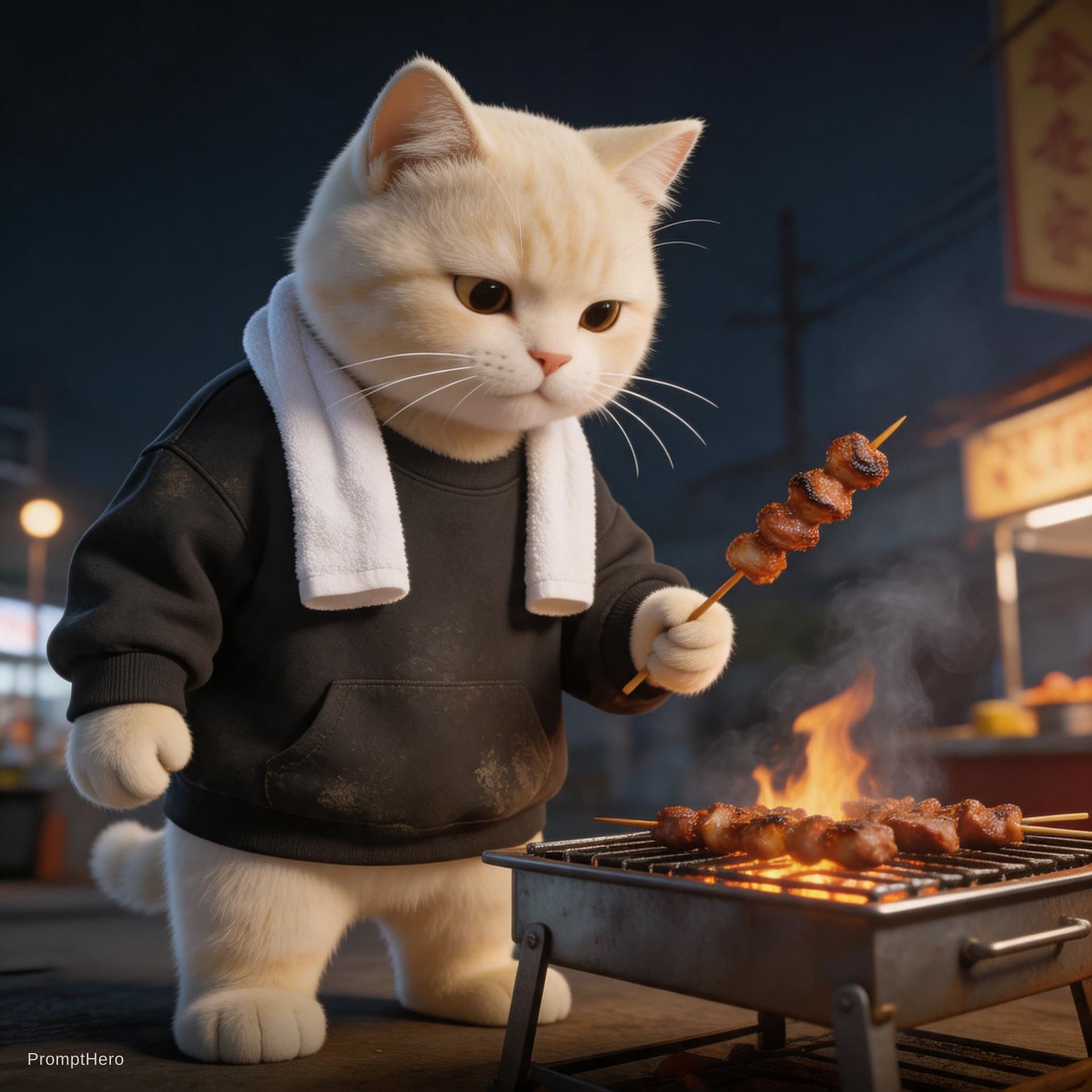AI generated: Dramatic photo in 3D illustration, panorama, full body, anthropomorphic real cute creamy cat, wearin...