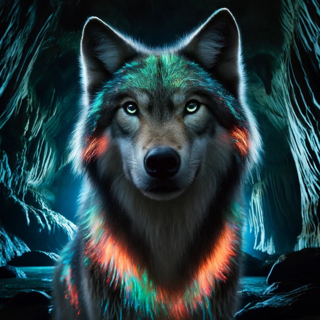 AI generated: photo of wolf, cave in the background, close-up, saturated colors, bioluminescent, detailed skin