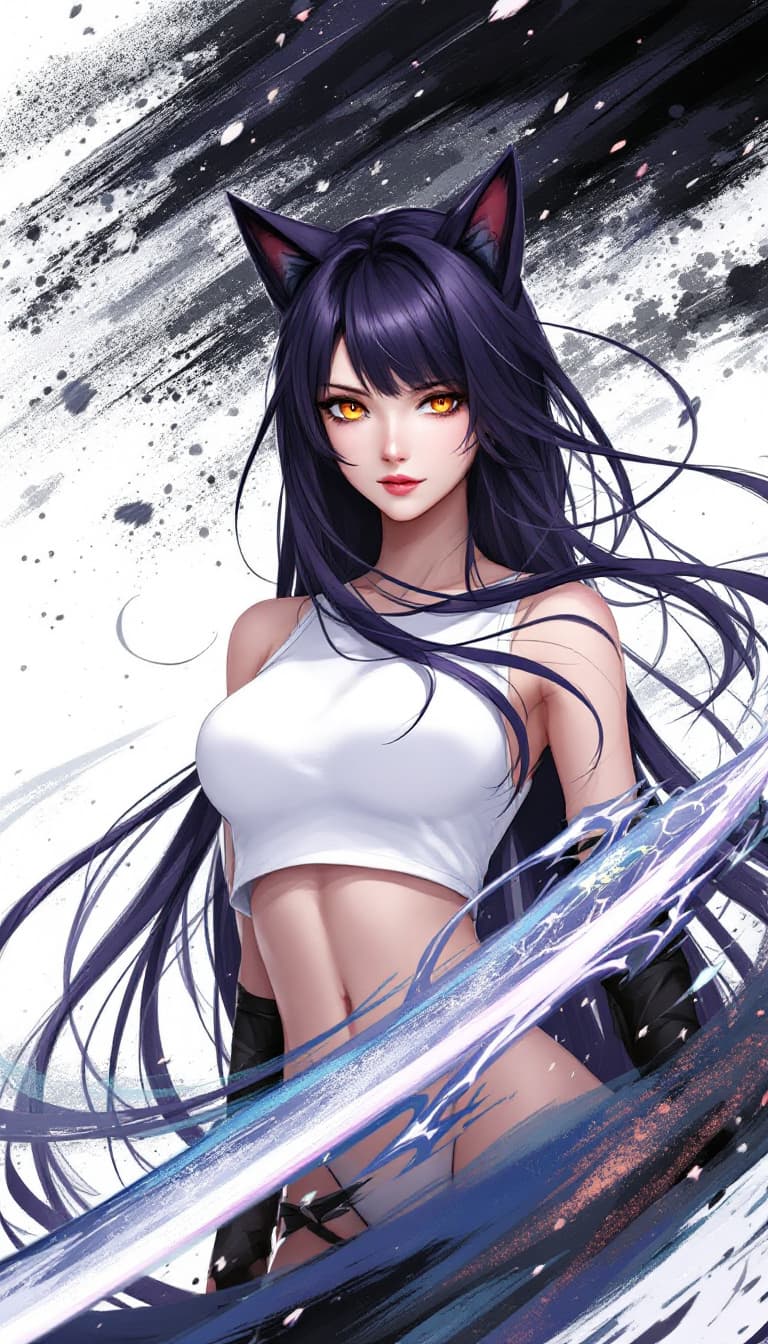 AI generated: 1 woman, weapon longsword, long hair, dark purple hair,cat ears, white background, solo, looking at ...