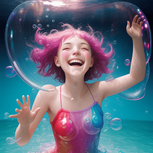 AI generated: a girl, laughing, surrounded by  colorful water bubbles