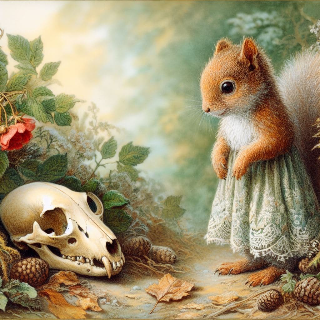 AI generated: picture in the style of beatrix potter, of squirrel nutkin gazing at a squirrel skull