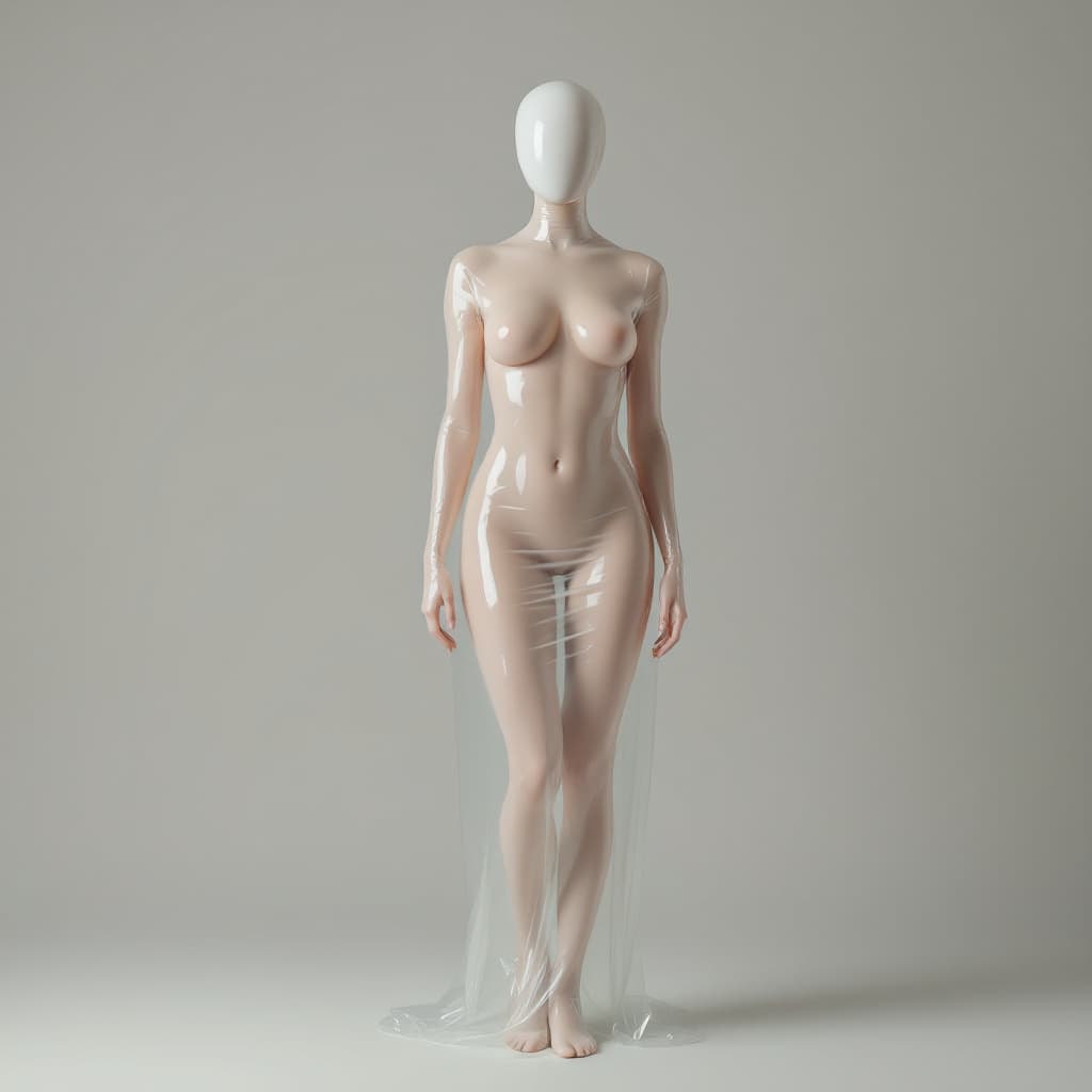 AI generated: intimate model in a full body transparent latex dress, in a neutral background, full body