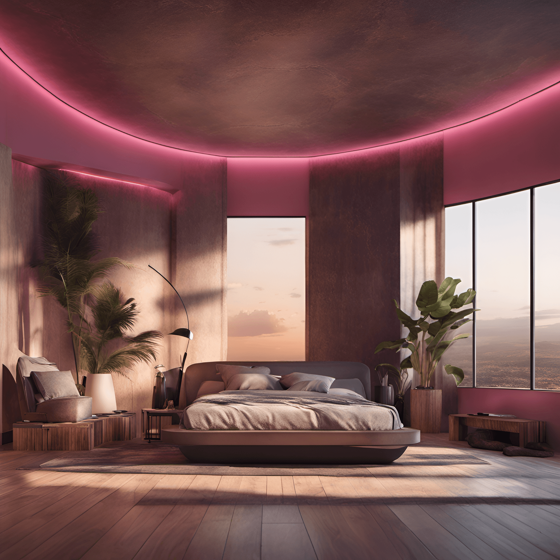 AI generated: Photorealistic image of a interior design bedroom, large open space, light wood floor, dreamy interi...