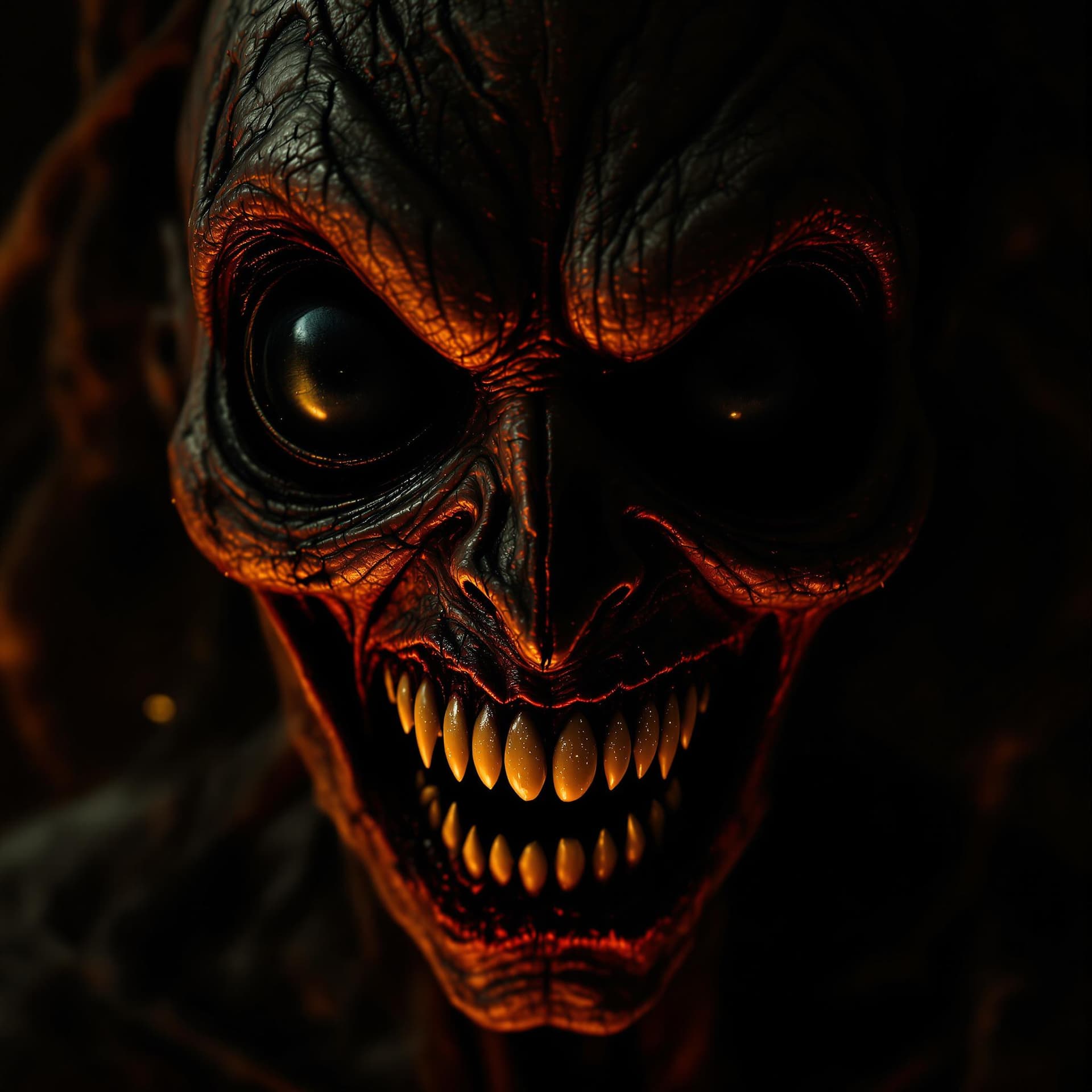 AI generated: the personified face of immortal evil; it retains human elements; huge blackholish eyes take main st...