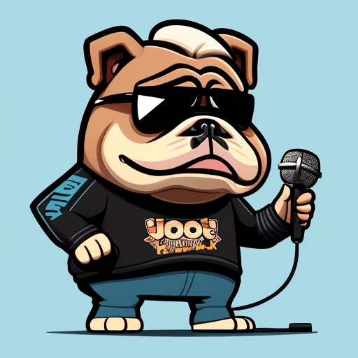 AI generated: Joe Cool style bulldog mascot vector cartoon holding old microphone in hand