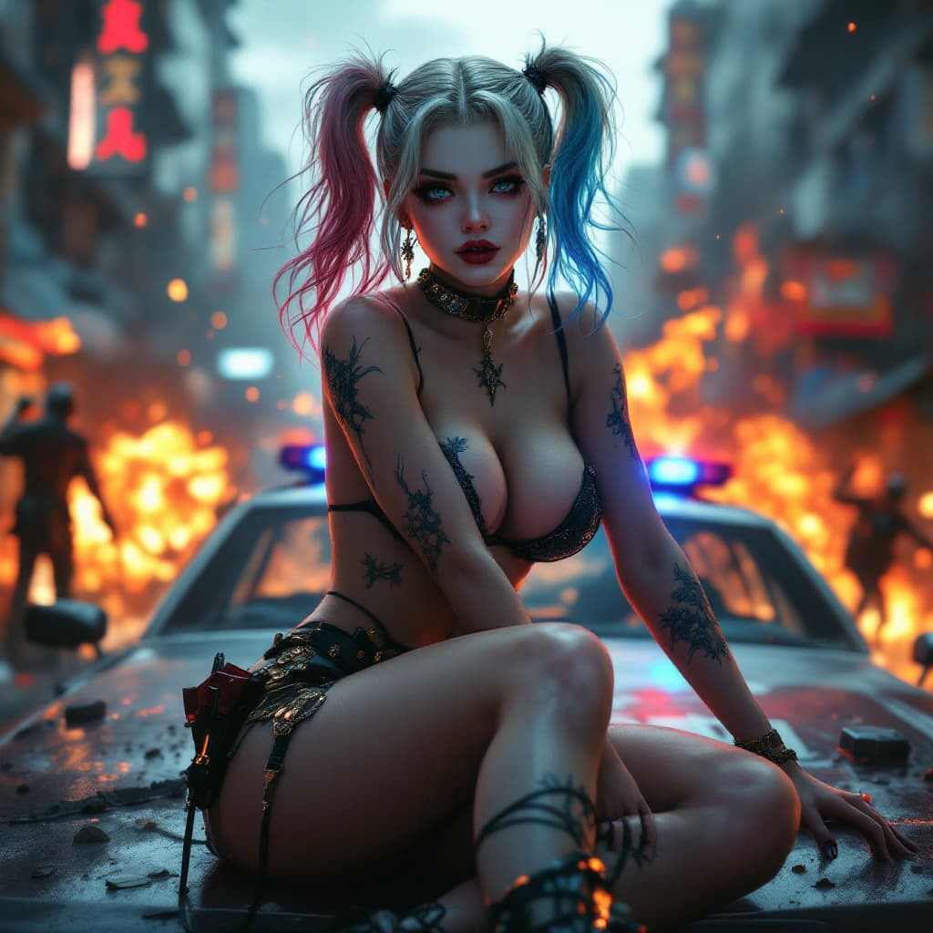 AI generated: Kyoto Animation stylized anime mixed with tradition Chinese artworks~Harley Quinn at modern cyberpun...