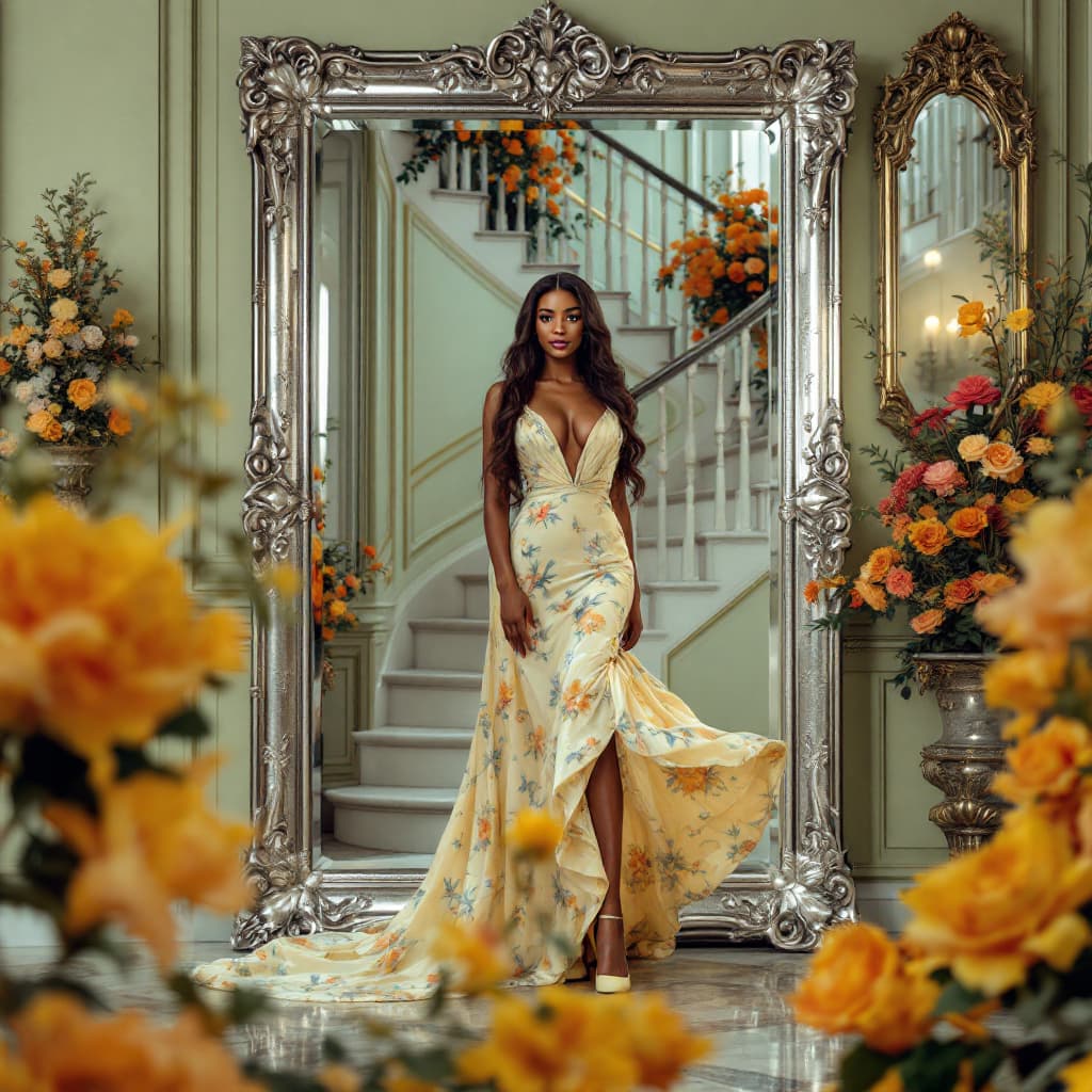 AI generated: A beautiful, dark brown-skinned Victorian woman stands gracefully before an elegant staircase in her...