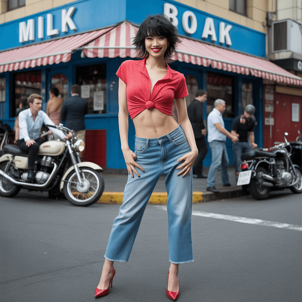 AI generated: a stunning japanese model wearing tigh jeans showing her toned legs she has high heels that are red ...