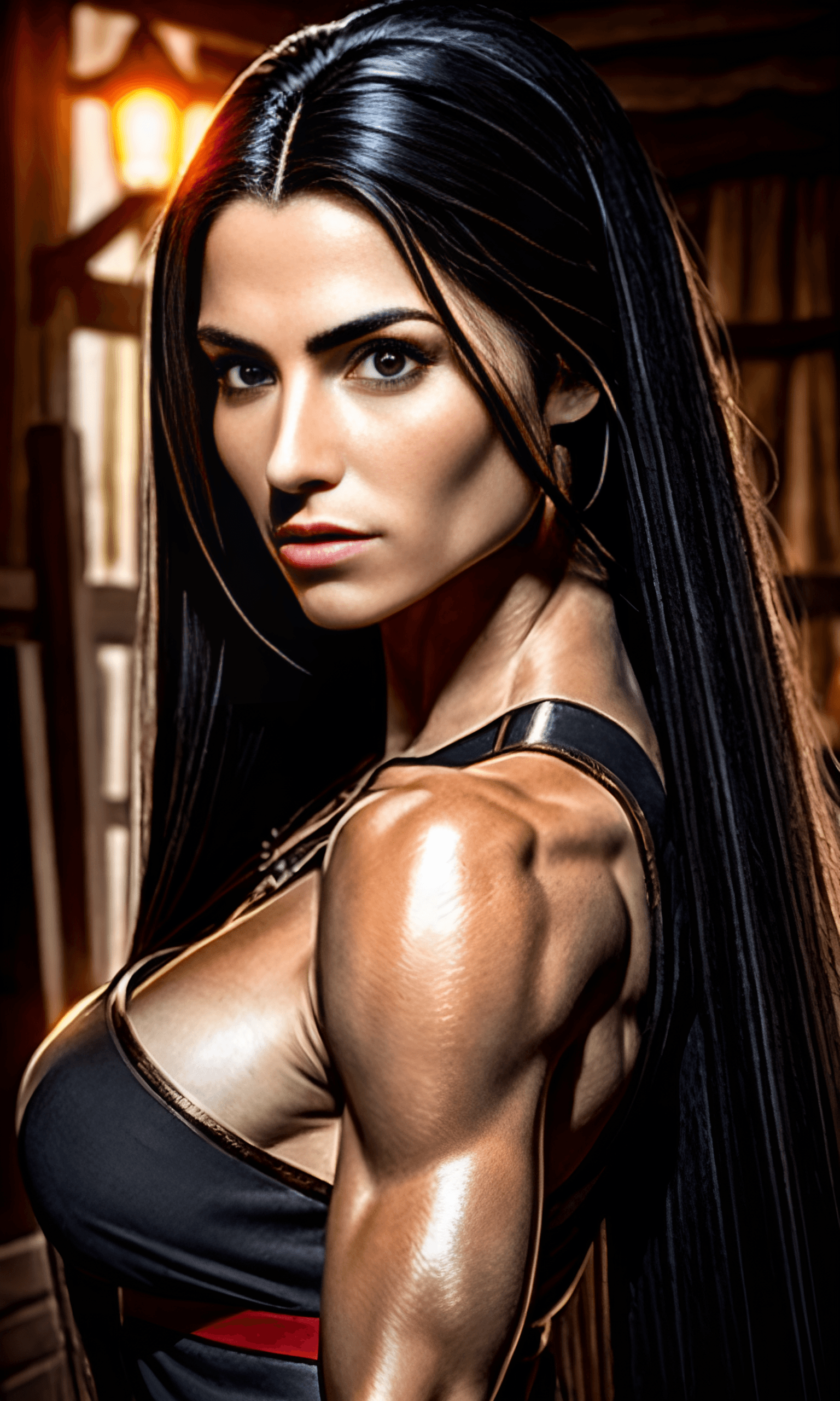 AI generated: A half view portrait of a toned female the character, long black fantasy hair, detailed, vivid, bron...