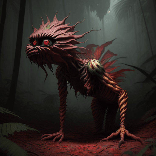 AI generated: a scary looking wood creature with a red eye, in the style of filip hodas, daz3d, sandy skoglund, na...