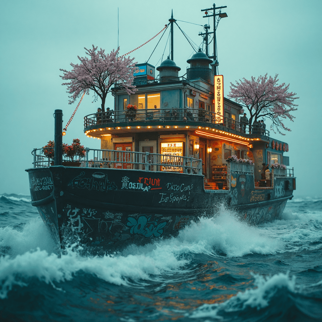 AI generated: Noisy film-style photo of a boat in a stormy ocean, designed as a floating district of Tokyo. The bo...