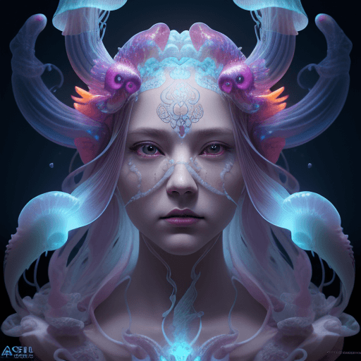 AI generated: Goddess close-up portrait ribcagel. jellyfish phoenix head, nautilus, orchid, skull, betta fish, bio...