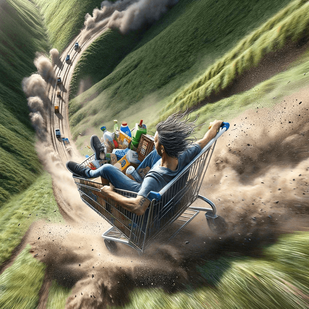 AI generated: A heart-pounding perspective of a shopping cart ride, where everyday items become companions in a da...